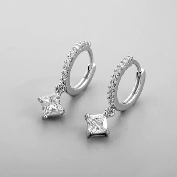 Sterling Silver Hoop Princess Cut Diamond Earrings - Picture 1 of 5